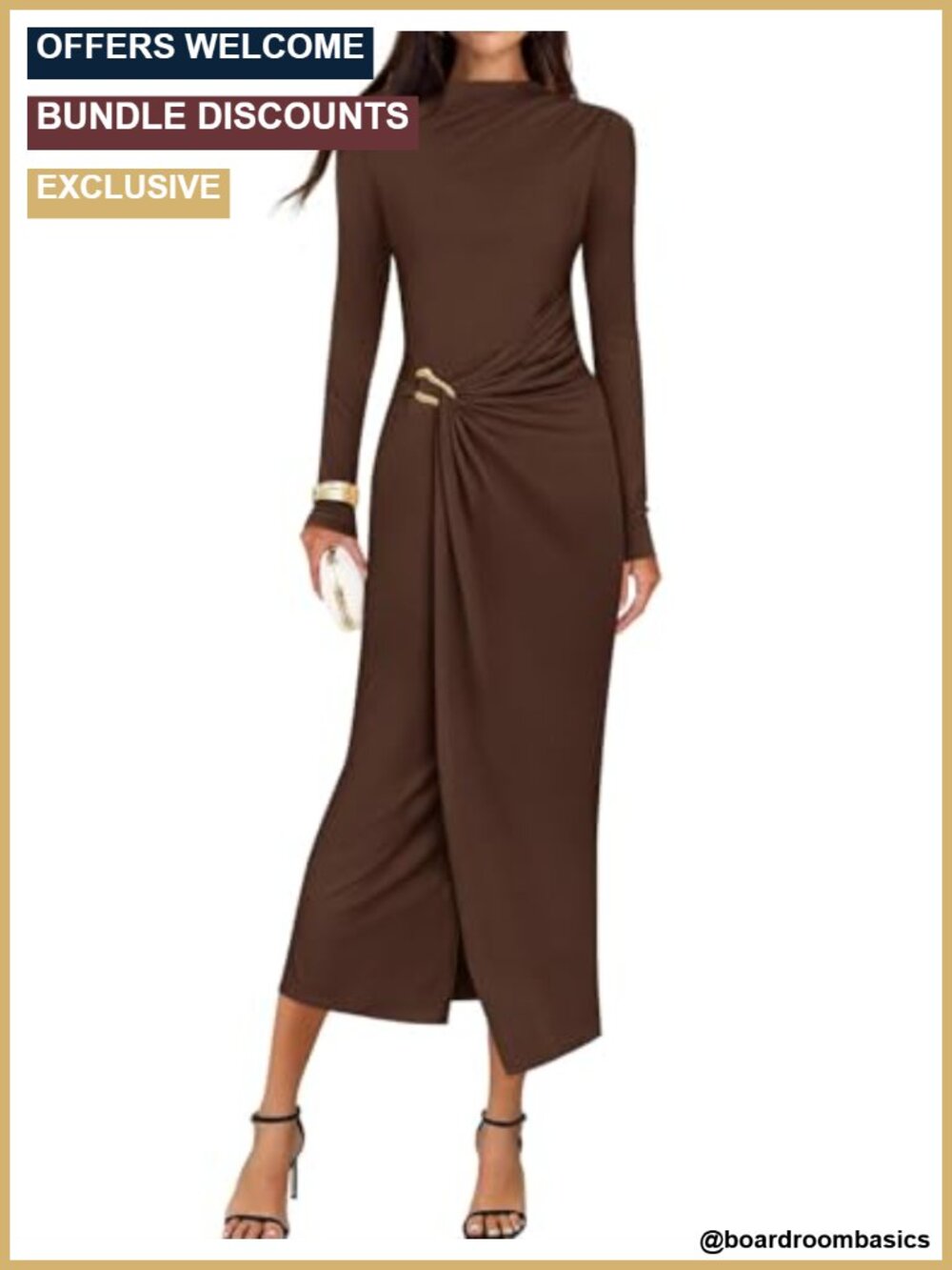 Long Sleeve Mock Neck Ruched Bodycon Midi Cocktail Dress